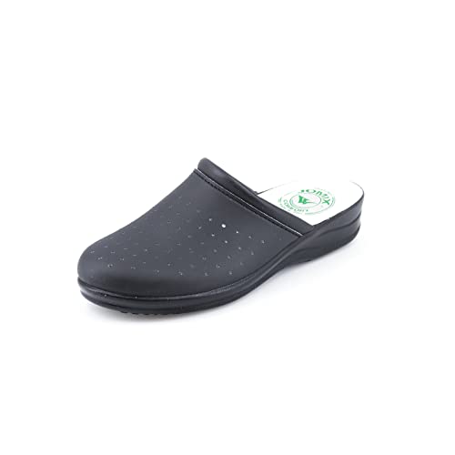 JOMIX Gartenschuhe Damen Clogs Pantoletten Berufsschuhe Kochschuhe Bequeme Sanitär-Clogs Medizinische Gartenschuhe Leder Fußbett (01 Schwarz Größe Klein 1 Nummer, 38 EU) von JOMIX