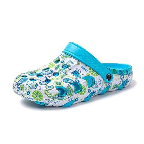 JOMIX Damen Clogs mit Fußbett Sommer Bunte Gartenschuhe Arbeitsclogs Anti-Rutsch Leicht Gummi Hausschuhe Pantoletten Wandern Meer Strand Pool (Blau, 38EU, SD9440) von JOMIX