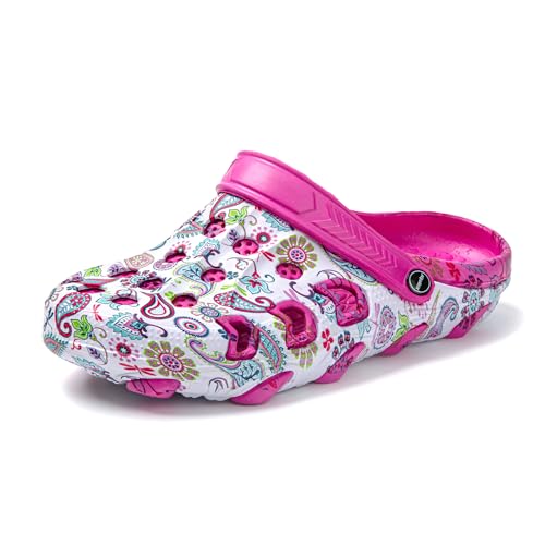 JOMIX Damen Clogs mit Fußbett Sommer Bunte Gartenschuhe Arbeitsclogs Anti-Rutsch Leicht Gummi Hausschuhe Pantoletten Wandern Meer Strand Pool (Fuchsia, 37EU, SD9440) von JOMIX