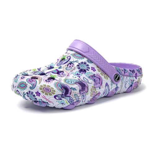 JOMIX Damen Clogs mit Fußbett Sommer Bunte Gartenschuhe Arbeitsclogs Anti-Rutsch Leicht Gummi Hausschuhe Pantoletten Wandern Meer Strand Pool (Lila, 41EU, SD9440) von JOMIX