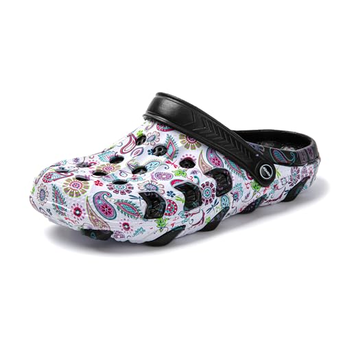 JOMIX Damen Clogs mit Fußbett Sommer Bunte Gartenschuhe Arbeitsclogs Anti-Rutsch Leicht Gummi Hausschuhe Pantoletten Wandern Meer Strand Pool (Schwarz, 37EU, SD9440) von JOMIX