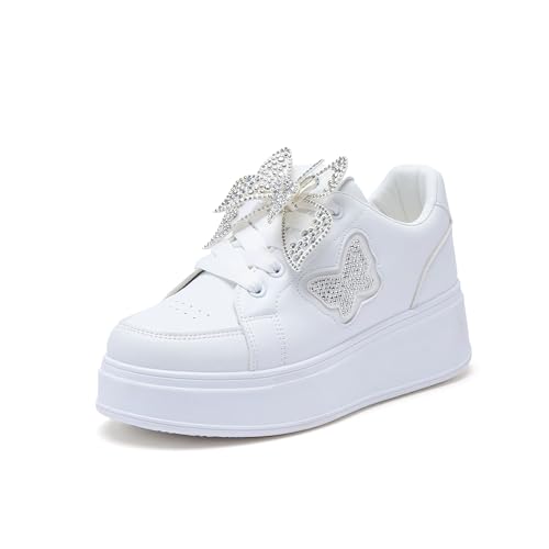 JOMIX Damen Freizeitschuhe - Walkingschuhe Dicke Sohle Joggingschuhe mit Strasssteinen Leder Sportschuhe Leicht Sneaker Atmungsaktiv Laufschuhe WSC250124 (Weiß, 40EU) von JOMIX