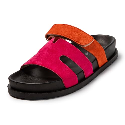 JOMIX Pantoletten Damen Sommer Sandalen mit Kork Fußbett Flach Weiche Badelatschen Wandern Meer Strand Slides (Rosa Orange, 39 EU) von JOMIX