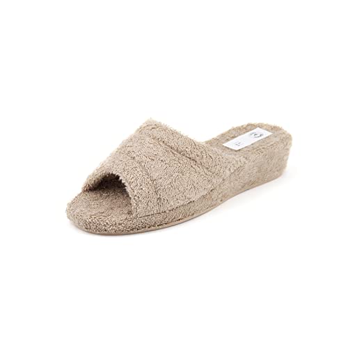 JOMIX Frottee Hausschuhe Damen Weiche Keilabsatz Pantoffeln Bequeme Einfarbige Slipper Indoor (Beige Größe Klein 1 Nummer, 36 EU) von JOMIX