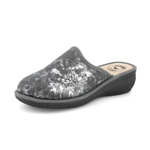 JOMIX Damen Hausschuhe Winter Bequem Geschlossen mit Keil Absatz Florales Glänzendes Muster Rutschfeste Sohle Warm Made in Italy ITD2419 Grigio 41 JOMIX Damen Hausschuhe Winter Bequem Geschlossen mit Keil Absatz Florales Glänzendes Muster Rutschfeste Sohle Warm Made in Italy ITD2419 Grigio 41 von JOMIX