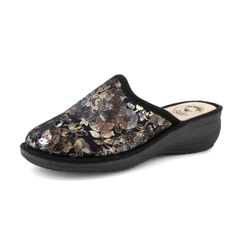 JOMIX Damen Hausschuhe Winter Bequem Geschlossen mit Keil Absatz Florales Glänzendes Muster Rutschfeste Sohle Warm Made in Italy ITD2419 Schwarz 38 JOMIX Damen Hausschuhe Winter Bequem Geschlossen mit Keil Absatz Florales Glänzendes Muster Rutschfeste Sohle Warm Made in Italy ITD2419 Schwarz 38 von JOMIX
