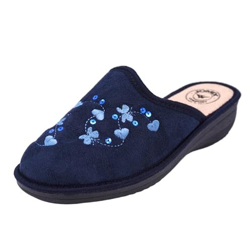 JOMIX Pantoffeln Damen Bequem Leise Hausschuhe Winter Warm Geschlossener Orthopädisch Anatomische für Senioren ältere Gummisohle für Parkett Fliesen Hergestellt in Italien ITD2413 Blau 37 von JOMIX