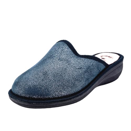 JOMIX Damen Hausschuhe Winter Bequeme Pantoffeln Niedriger Keil Weich Warm für Zuhause mit Eleganter Glänzender Optik Schwarz Made in Italy ITD2418 Blau 37 von JOMIX