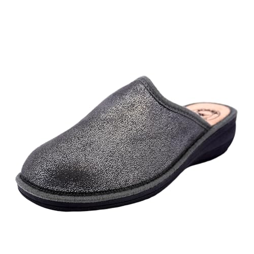 JOMIX Damen Hausschuhe Winter Bequeme Pantoffeln Niedriger Keil Weich Warm für Zuhause mit Eleganter Glänzender Optik Schwarz Made in Italy ITD2418 Grau 40 von JOMIX
