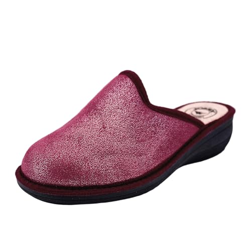 JOMIX Damen Hausschuhe Winter Bequeme Pantoffeln Niedriger Keil Weich Warm für Zuhause mit Eleganter Glänzender Optik Schwarz Made in Italy ITD2418 Rot 38 von JOMIX
