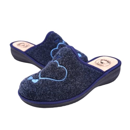 JOMIX Damen Hausschuhe Winter Bequeme Pantoffeln Niedriger Keilabsatz aus Filz mit Gestickten Herzen Warm Weich Rutschfest Made in Italy ITD2412 Blau 39 von JOMIX
