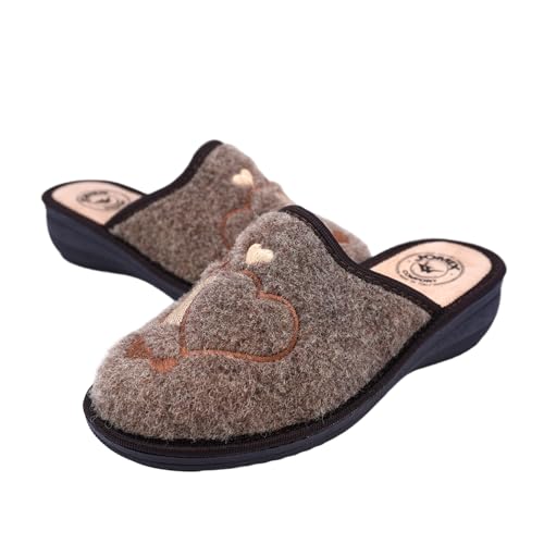 JOMIX Damen Hausschuhe Winter Bequeme Pantoffeln Niedriger Keilabsatz aus Filz mit Gestickten Herzen Warm Weich Rutschfest Made in Italy ITD2412 Kamelfarbe 41 von JOMIX