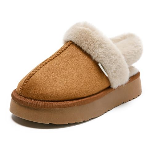 JOMIX Damen Hausschuhe Winter Warme Plüsch Gefüttert Pantoffeln mit Straps Kunstwildleder Slipper Weiche rutschfeste Puschen Indoor Outdoor (WPW255142, Camel, 39 EU) von JOMIX