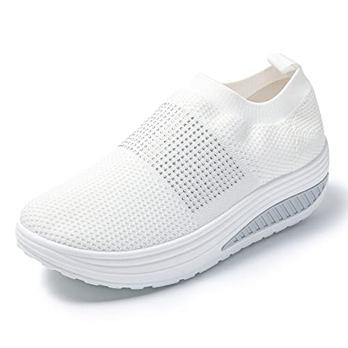 JOMIX Damen Laufschuhe Slip On Walkingschuhe Abrollschuhe Atmungsaktive Sportschuhe Turnschuhe Sportlicher Sneaker Fitness Gym (01 Weiß Größe Groß 1 Nummer, 38) von JOMIX