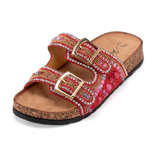 JOMIX Damen Pantoletten Glitzer Clogs Sandalen mit Strassstein Plateau Bequeme Kork Strand Sommerschuhe mit Verstellbarer Schnalle Elegant Bohemian Sandalette (Rot, 37EU, WCF250326) von JOMIX