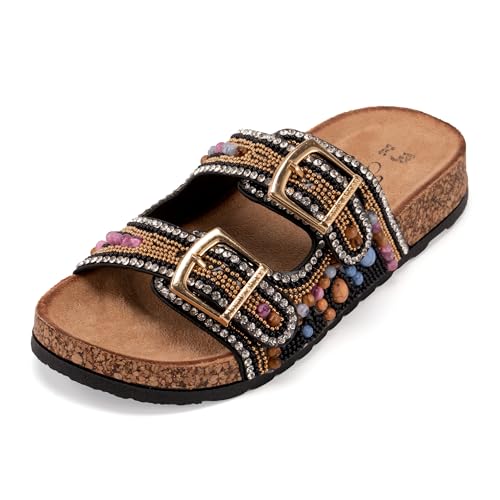 JOMIX Damen Pantoletten Glitzer Clogs Sandalen mit Strassstein Plateau Bequeme Kork Strand Sommerschuhe mit Verstellbarer Schnalle Elegant Bohemian Sandalette (Schwarz, 40EU, WCF250326) von JOMIX