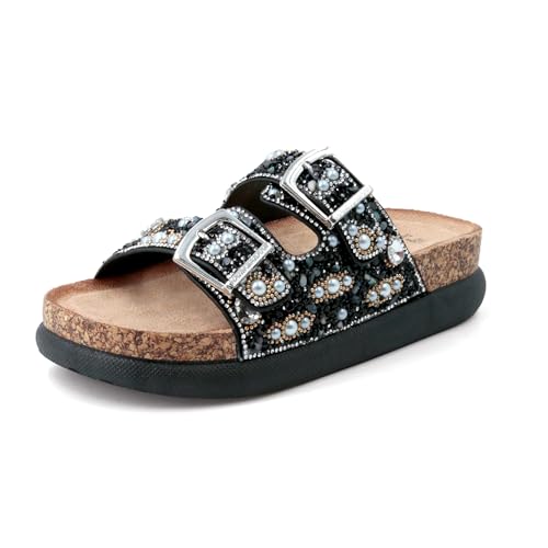 JOMIX Damen Pantoletten Glitzer Clogs mit Strassstein Plateau Bequeme Kork Bohemian Sandalen Strand Sommerschuhe mit Verstellbarer Schnalle (Schwarz, 36EU, WCF250328) von JOMIX
