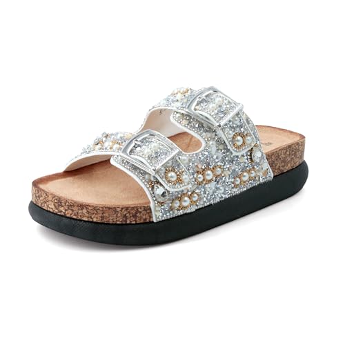 JOMIX Damen Pantoletten Glitzer Clogs mit Strassstein Plateau Bequeme Kork Bohemian Sandalen Strand Sommerschuhe mit Verstellbarer Schnalle (Weiß, 37EU, WCF250328) von JOMIX