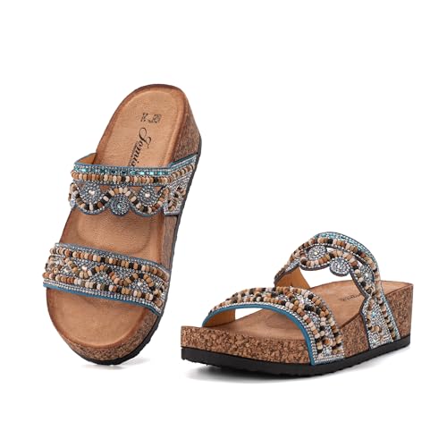 JOMIX Damen Pantoletten - Glitzer Sandalen Sommer Kork Strandsandalen Dicke Slides Sandaletten mit Strass Perlen Bequem Sommersandalen Strand Schuhe WCF250342 (Blau, 40EU) von JOMIX