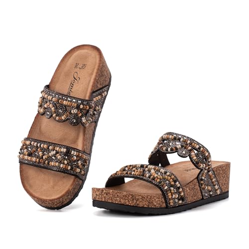 JOMIX Damen Pantoletten - Glitzer Sandalen Sommer Kork Strandsandalen Dicke Slides Sandaletten mit Strass Perlen Bequem Sommersandalen Strand Schuhe WCF250342 (Schwarz, 39EU) von JOMIX