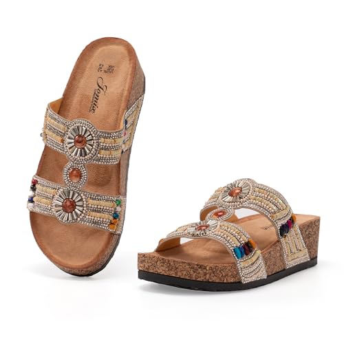 JOMIX Damen Pantoletten - Glitzer Sandaletten Bohemia Sandalen mit Strass Perlen Dicke Slides Sommersandalen Kork Strandsandalen WCF250339 (Beige, 40EU) von JOMIX