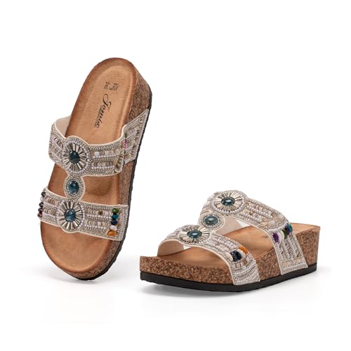 JOMIX Damen Pantoletten - Glitzer Sandaletten Bohemia Sandalen mit Strass Perlen Dicke Slides Sommersandalen Kork Strandsandalen WCF250339 (Weiß, 39EU) von JOMIX