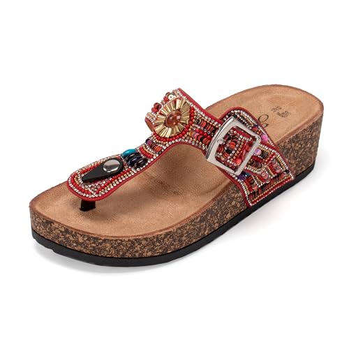 JOMIX Damen Pantoletten Sandalen Sommer Glitzer Clogs Kork Flip Flops mit Strasssteine Verstellbare Schnalle Bohemian Sandaletten Bequeme Strand Meer Sommerschuhe (Rot, 39EU, WCI250338) von JOMIX