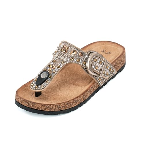 JOMIX Damen Pantoletten Sandalen Sommer Glitzer Clogs Plateau Kork Flip Flops Verstellbare Schnalle Hausschuhe Elegant Strasssteine Bequeme Strand Meer Sommerschuhe (Braun, 39EU, WCI250332) von JOMIX