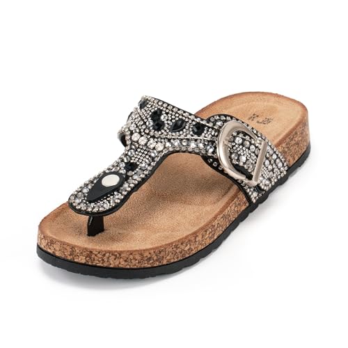 JOMIX Damen Pantoletten Sandalen Sommer Glitzer Clogs Plateau Kork Flip Flops Verstellbare Schnalle Hausschuhe Elegant Strasssteine Bequeme Strand Meer Sommerschuhe (Schwarz, 36EU, WCI250332) von JOMIX