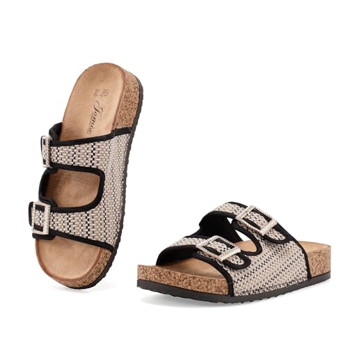 JOMIX Damen Pantoletten - Sandaletten Sommer Bequeme Kork Sandalen mit Verstellbarer Schnalle Plateau Strandsandalen Schlappen Rutschfeste Sommersandalen WCF250329 (Schwarz, 36EU) von JOMIX