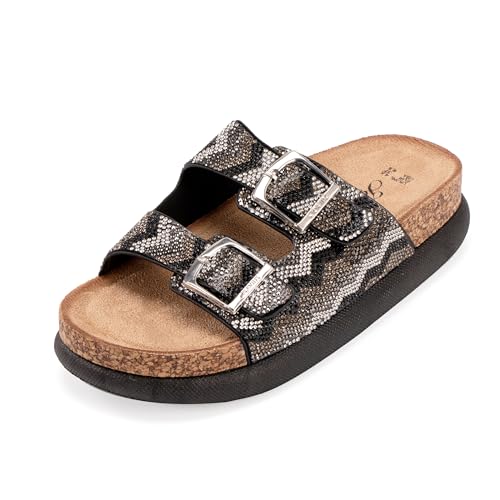 JOMIX Damen Pantoletten - Sommer Glitzer Sandalen Bequeme Kork Clogs Verstellbar Schnalle Strandsandalen Indoor Outdoor WCF250327 (Schwarz, 37EU) von JOMIX