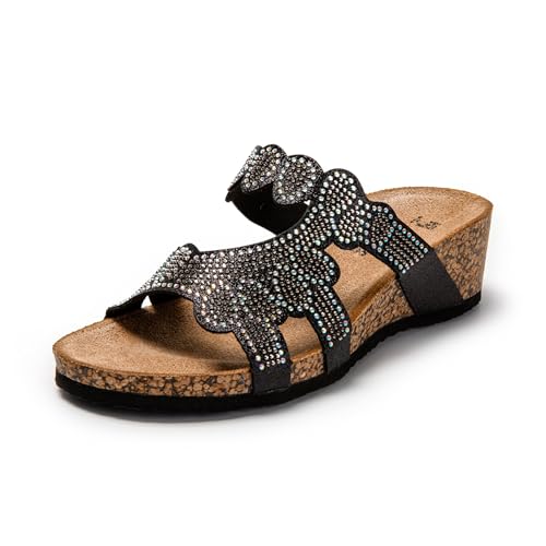 JOMIX Damen Pantoletten - Sommer Glitzer Sandalen mit Keilabsatz Bequeme Kork Clogs mit Strasssteinen Strand Schuhe SD9160 (Schwarz, 39EU) von JOMIX