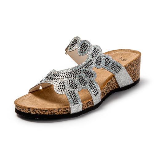JOMIX Damen Pantoletten - Sommer Glitzer Sandalen mit Keilabsatz Bequeme Kork Clogs mit Strasssteinen Strand Schuhe SD9160 (Silber, 39EU) von JOMIX