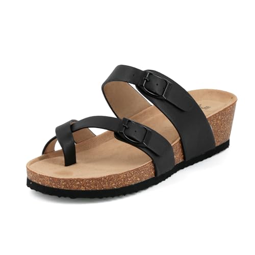 JOMIX Damen Pantoletten Sommer Sandalen Bequeme Kork Clogs Sommerschuhe Verstellbarer Schnalle Strandsandalen (SD2435, Schwarz, 39EU) von JOMIX