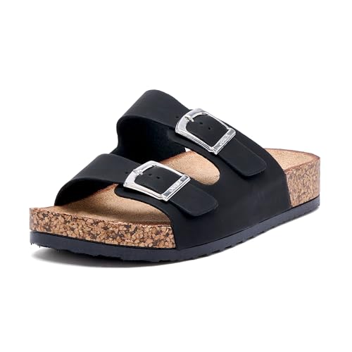 JOMIX Damen Pantoletten mit Verstellbarer Rieme Clogs Sandalen Plateau Bequeme Kork Strand Schuhe Sommerschuhe (Schwarz, 39EU, WCX250057) von JOMIX