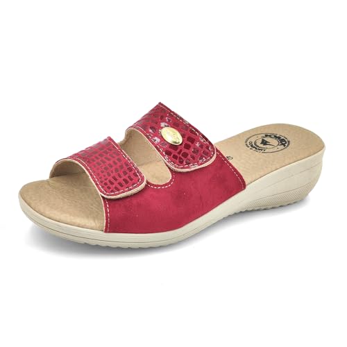 JOMIX Damen Plateau Pantoletten Damen mit Fussbett Klettverschluss Sandalen Sommer Badelatschen Leicht Outdoorsandale (Weinrot, 39 EU, ITD1515) von JOMIX