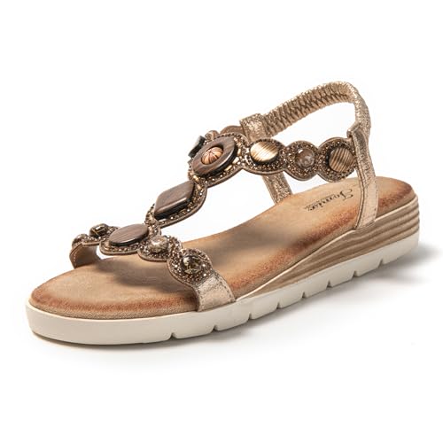 JOMIX Sandalen Damen Elegant Strasssteine Sommerschuhe Bequem Hausschuhe Niedrig Kordelzug Sommer Meer Pool Strand Strandsandalen (Gold, 40 EU) von JOMIX