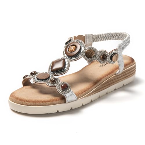 JOMIX Sandalen Damen Elegant Strasssteine Sommerschuhe Bequem Hausschuhe Niedrig Kordelzug Sommer Meer Pool Strand Strandsandalen (Silber, 39 EU) von JOMIX