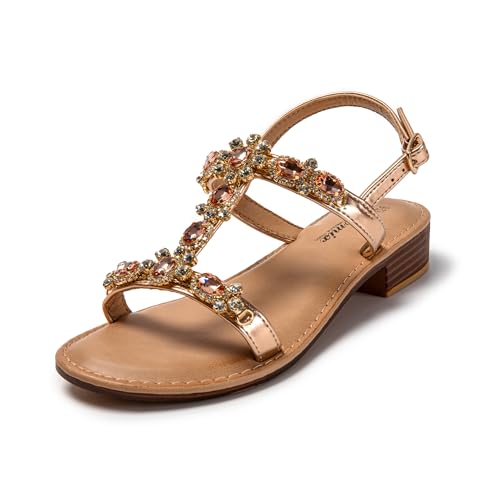 JOMIX Sandalen Damen Elegant Juwelen Sommerschuhe Leicht Strandsandalen Niedrig Schnalle Sommer Meer Pool Strand Hausschuhe (Champagner, 38 EU) von JOMIX