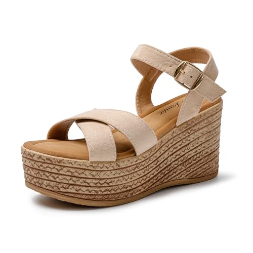 JOMIX Damen Sandalen Elegant Sommerschuhe Keilsandalen Sandaletten Mit Absatz Plateau Bequem Sommer Strandsandalen (Beige, 36 EU) von JOMIX