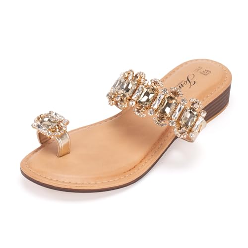 JOMIX Damen Sandalen - Glitzer Strasssteine Sandaletten Sommer Elegant Strandsandalen mit Keilabsatz Meer Strand Pool Römer Sandaletten WFC250234 (Gold, 36EU) von JOMIX