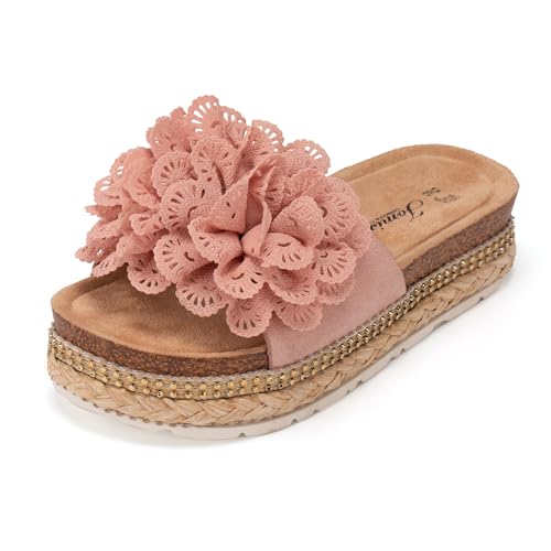 JOMIX Damen Sandalen Pantoletten mit Absatz Blumen Clogs Dicke Sohle Kork Hausschuhe Sommerschuhe Slipper Wandern Meer Strand Pool (Rosa, 36EU, WCF250334) von JOMIX