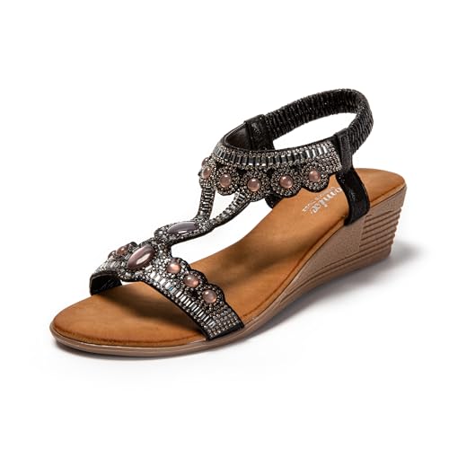 JOMIX Damen Sandalen - Sandaletten mit Strass Perlen Frauen Bequem Sommersandalen Bohemia Glitzer Sandalette Strand Schuhe SD9353 (Schwarz, 36EU) von JOMIX