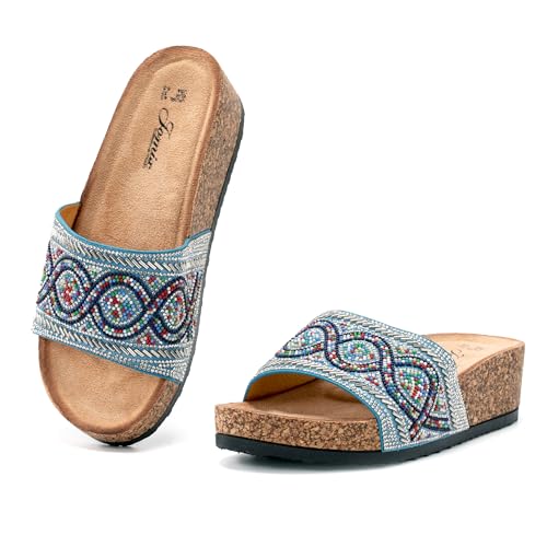 JOMIX Damen Sandalen Sommer Glitzer Pantoletten Bunte Clogs Dicke Sohle Kork Hausschuhe Weiche Strand Meer Flach Sommerschuhe (Blau, 40EU, WCF250335) von JOMIX
