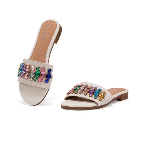 JOMIX Damen Sandalen Sommer Glitzer Pantoletten mit Keilabsatz Bequem Strandschuhe Elegant Strandsandalen Meer Pool Strand Hausschuhe Bohemian (Weiß, 40EU, WFC250354) von JOMIX