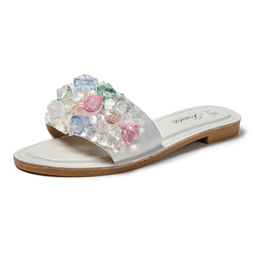 JOMIX Damen Sandalen - Sommer Glitzer Sandaletten Bunte Strandsandalen mit Strasssteine Niedrig Römer Hausschuhe SD9114 (Weiß, 39EU) von JOMIX
