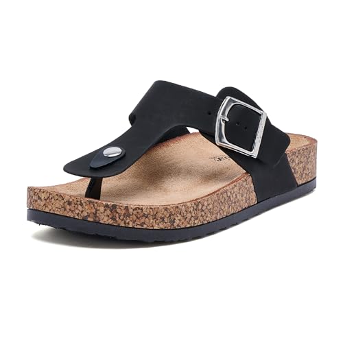 JOMIX Damen Sandalen Sommer Pantoletten Clogs Plateau Kork Flip Flops Verstellbare Schnalle Hausschuhe Weicher Strand Meer Flache Sommerschuhe (Schwarz, 39EU, WCI250056) von JOMIX