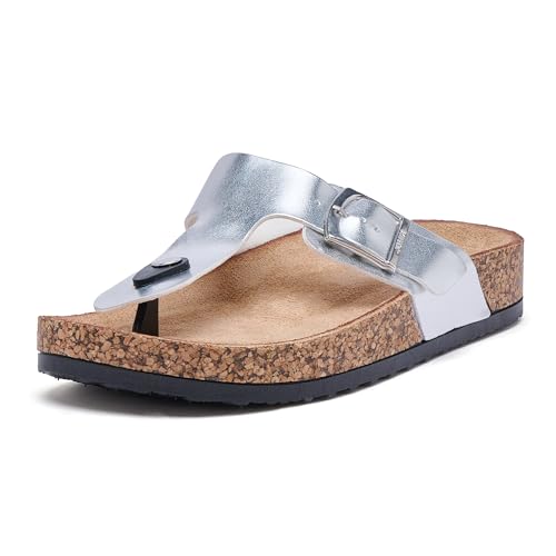 JOMIX Damen Sandalen Sommer Pantoletten Clogs Plateau Kork Flip Flops Verstellbare Schnalle Hausschuhe Weicher Strand Meer Flache Sommerschuhe (Silber, 39EU, WCI250056) von JOMIX