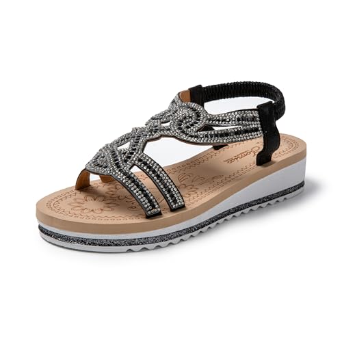 JOMIX Damen Sandalen Strass Bequem Sandaletten Sommer Elegant Sommerschuhe Muttertag (Schwarz, 37 EU, SD9026) von JOMIX