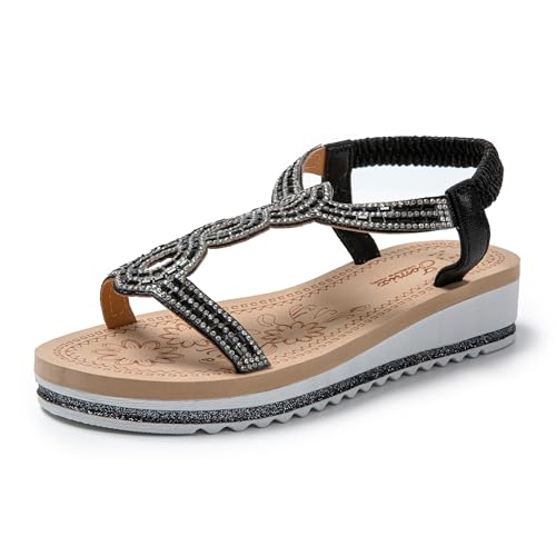 JOMIX Damen Sandalen Strass Bequem Sandaletten Sommer Elegant Sommerschuhe Valentinstag EU 36-41 (Schwarz, 37 EU) von JOMIX